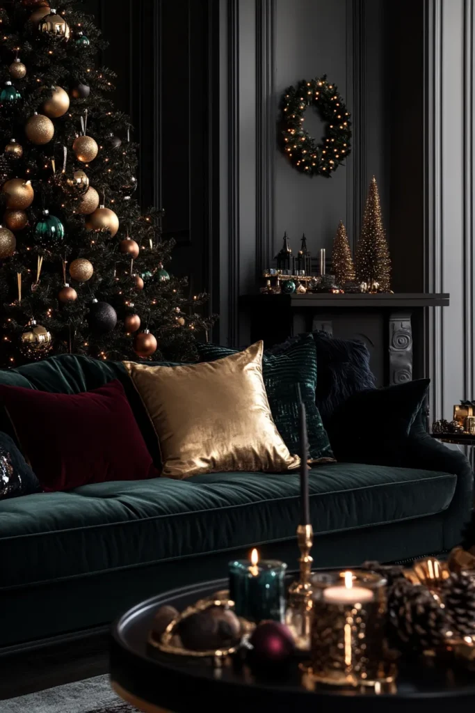 Sophisticated holiday setting with black, gold, and silver Christmas decor
