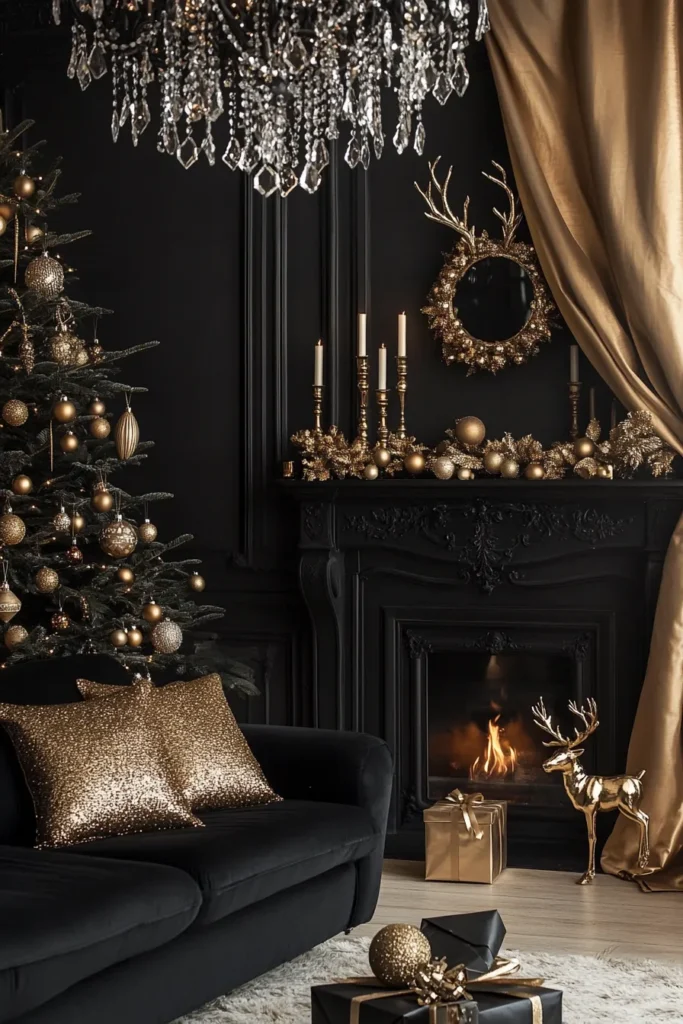 Stylish room with black and gold Christmas table decor and red accents