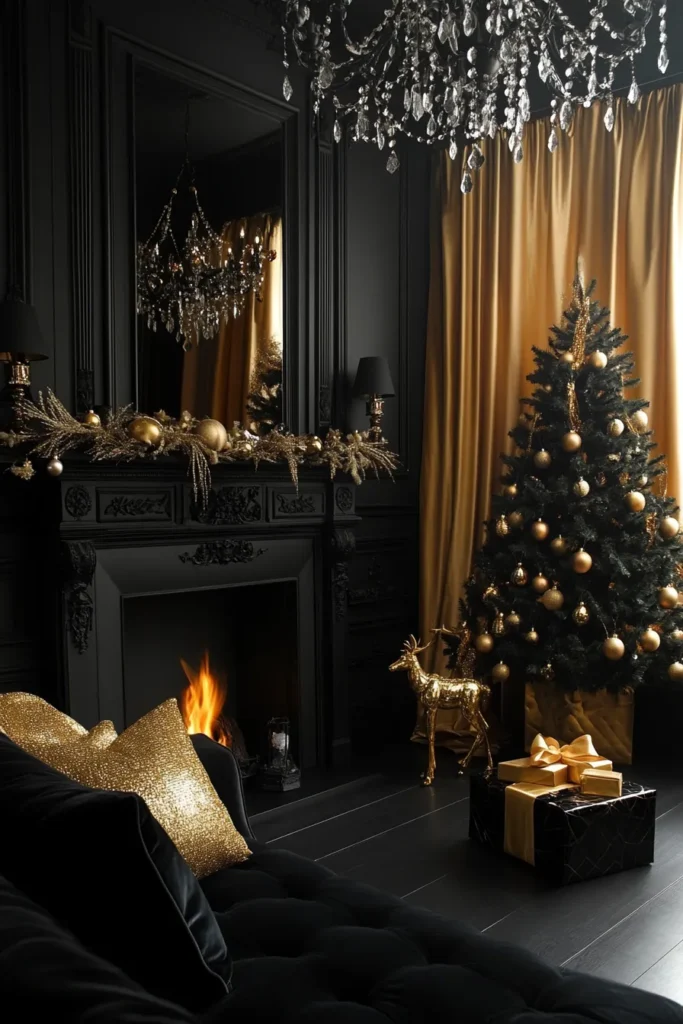 Luxurious black and gold Christmas table decor with emerald green accents