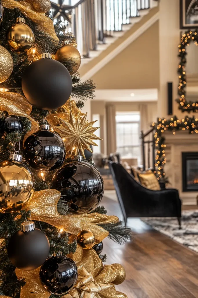 Black and gold Christmas party decor featuring tree with contrasting ornaments