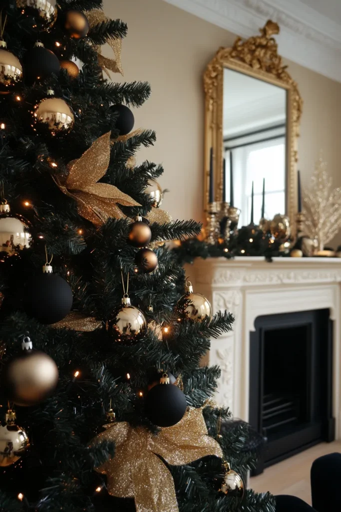 Elegant living room with black and gold Christmas tree and party decor