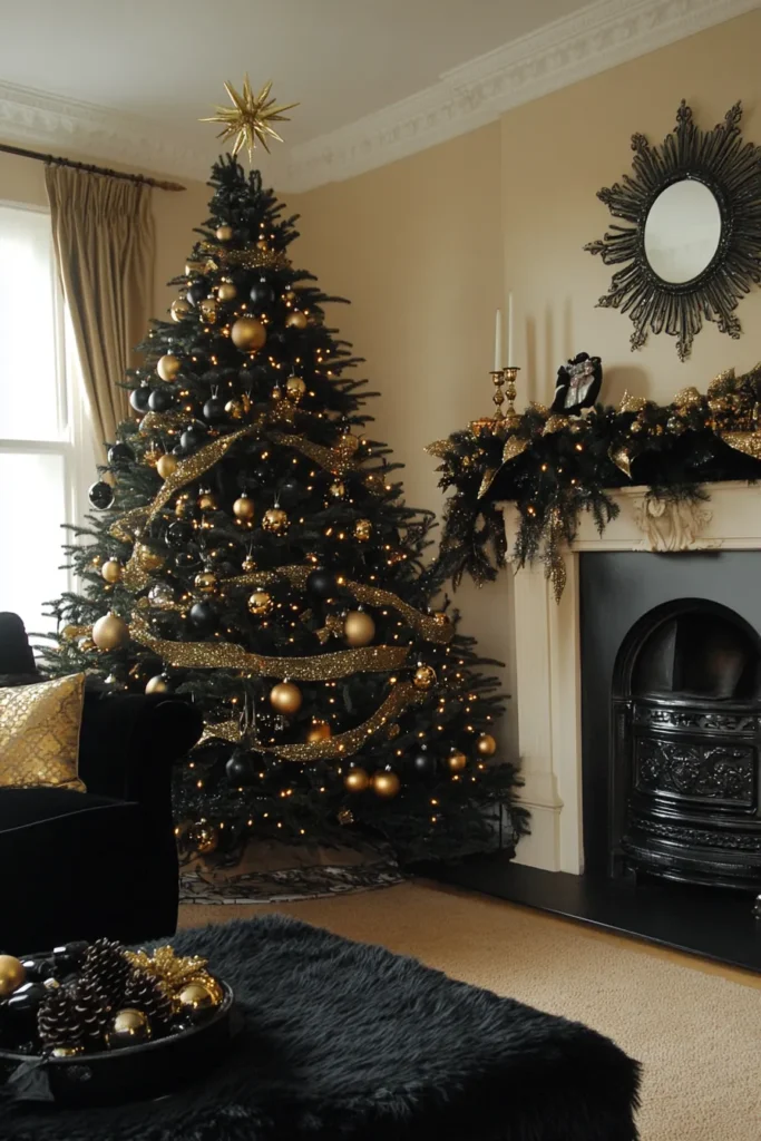Sophisticated black and gold Christmas table decor complementing a tree with cascading ribbons