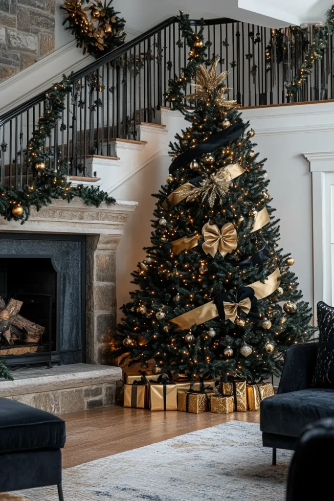 Luxurious living room with black and gold Christmas table decor