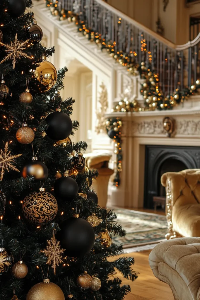 Towering Christmas tree adorned with black, gold, and silver decor