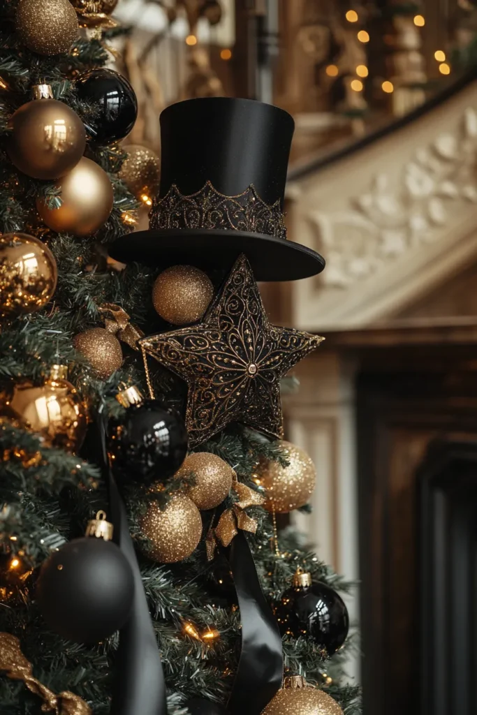 Opulent Christmas tree with black and gold table decor