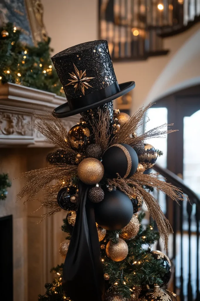 Elegant living room with black gold and silver Christmas decor and tree topper