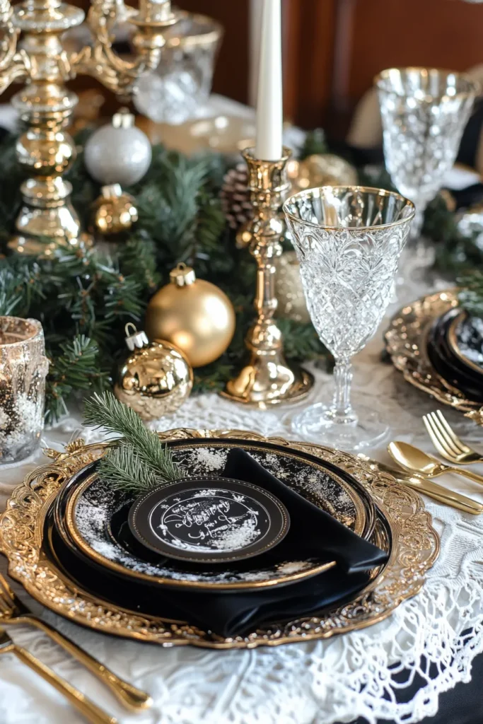 Festive dining room with emerald green, black, and gold Christmas decor