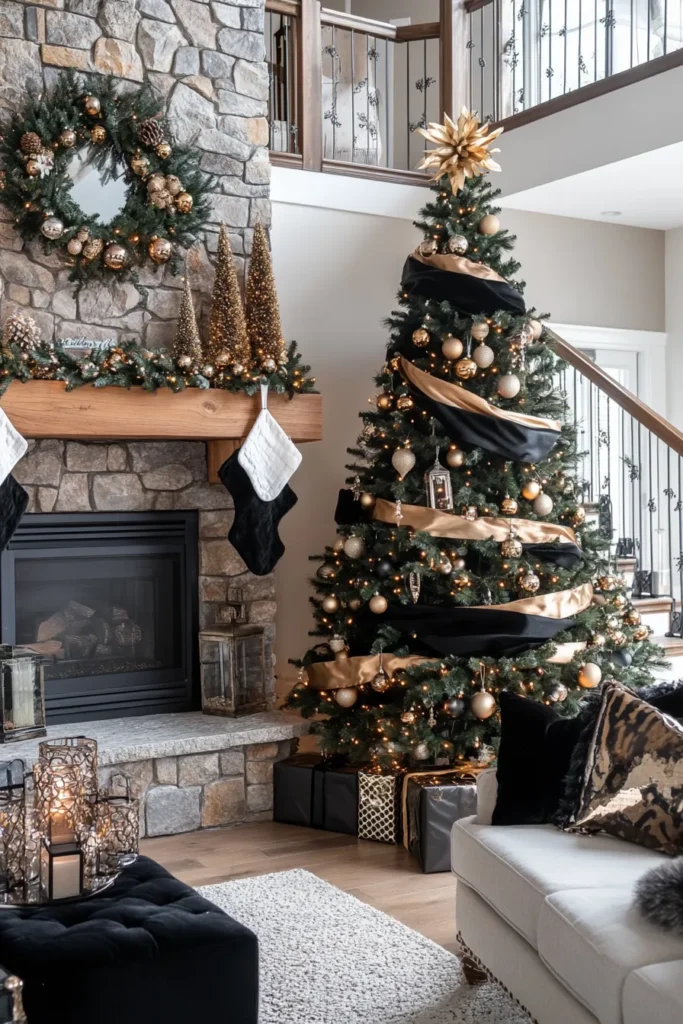 Stunning Christmas scene with black and gold tree decor