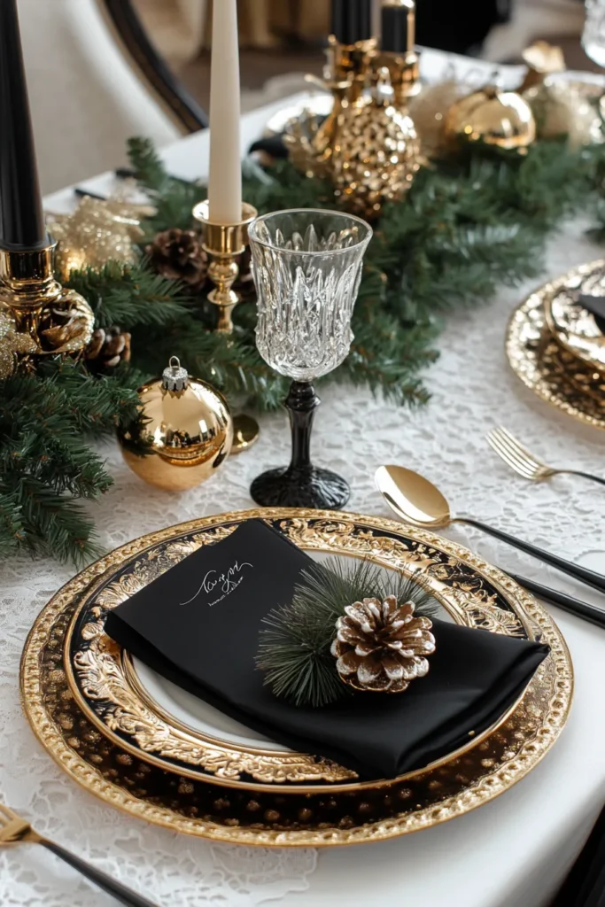 Luxurious table setting with black, gold, and silver Christmas decor