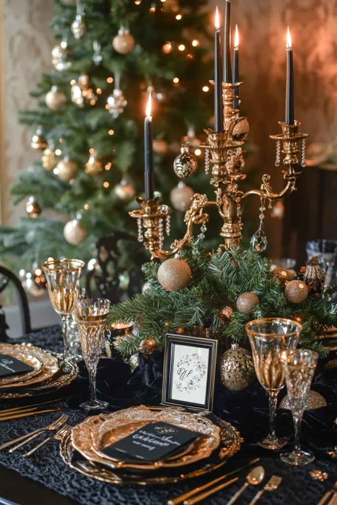 Opulent black and gold Christmas party decor with centerpiece and gold rimmed glasses