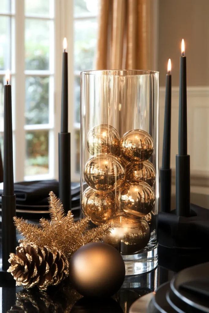Black and gold Christmas party decor with cascading ornaments and candles