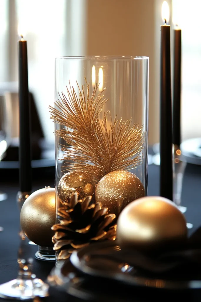 Luxurious black and gold Christmas table decor with ornament-filled vase and candles