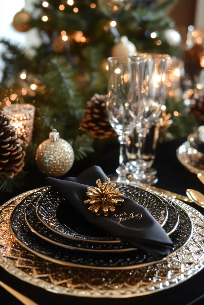 Glamorous table setting with black and gold Christmas decor and miniature gold pinecones