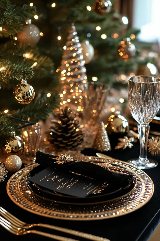 Opulent black, gold, and silver Christmas dining decor with personalized place cards