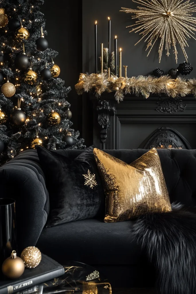 Sophisticated living room with black and gold Christmas party decor and elegant table settings