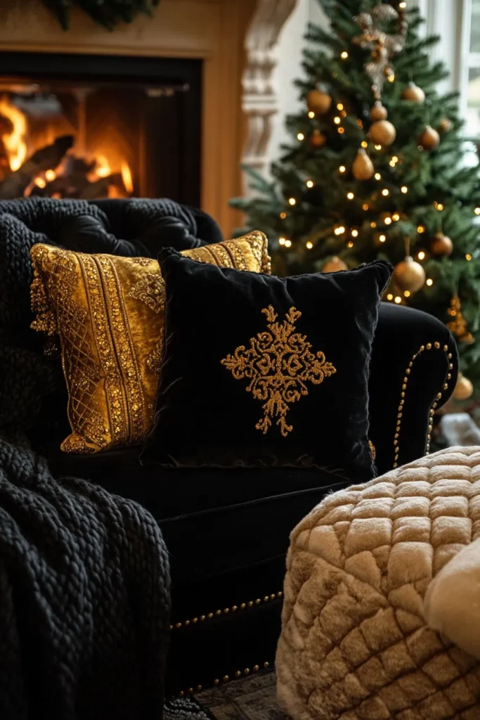 Luxurious black and gold Christmas table decor with plush textures