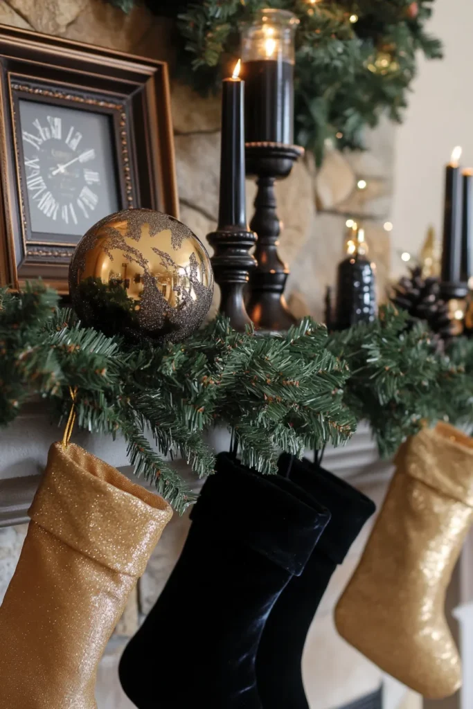 Cozy mantel styled with black, gold, and silver Christmas decor