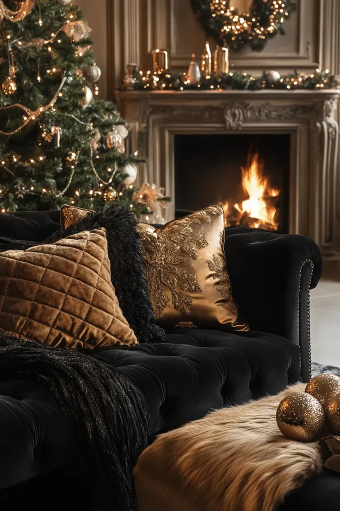 Elegant living space with black, gold, and silver Christmas decor including velvet sofa and festive pillows