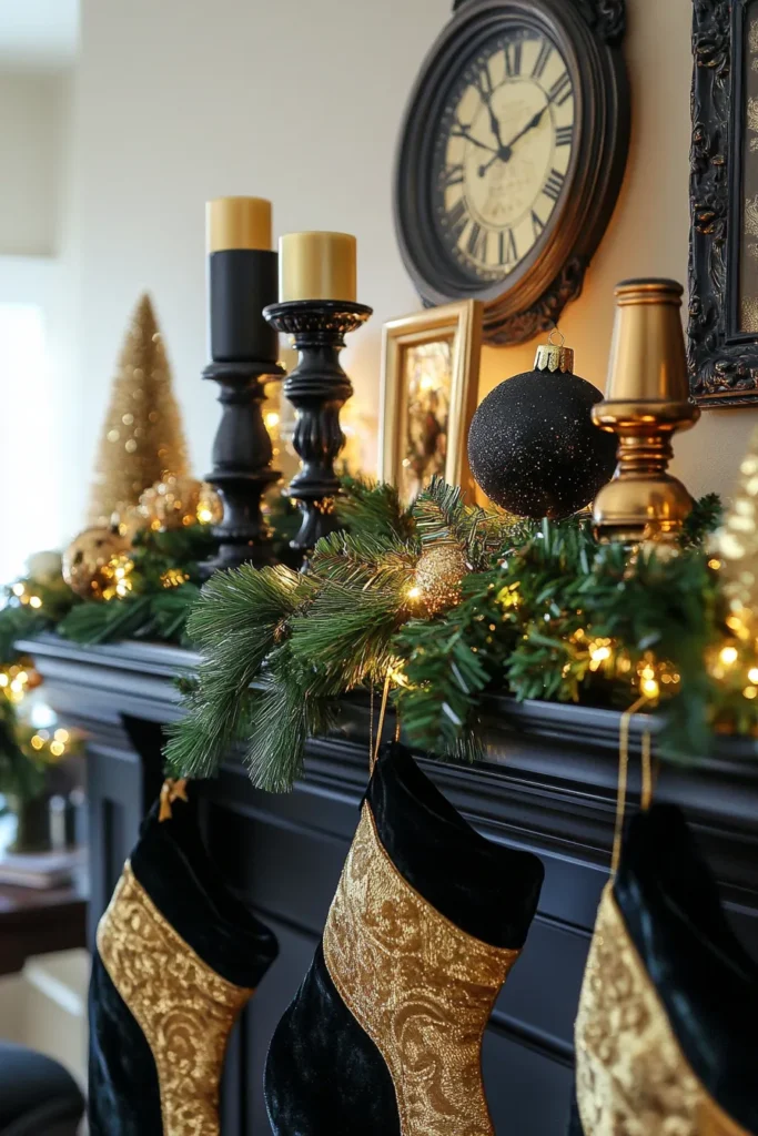 Festive fireplace with black and gold Christmas decor and gold candles