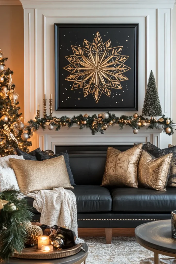Cozy living room with black and gold Christmas party decor including statement wall art