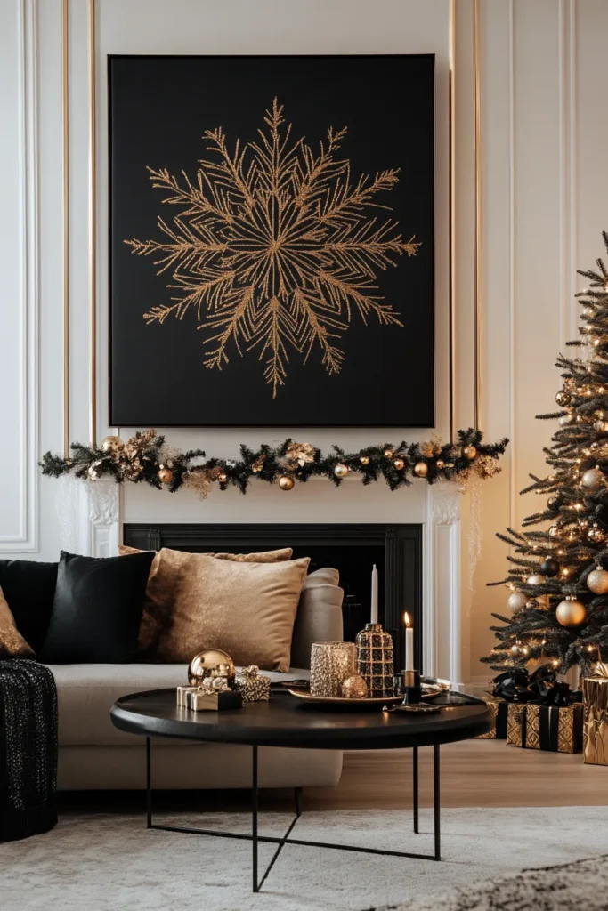 Sophisticated living room with black, gold, and silver Christmas decor and statement wall