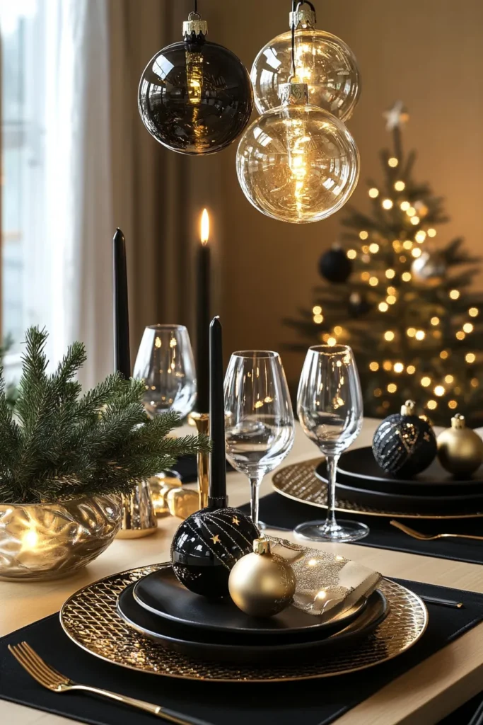 Elegant kitchen with black and gold Christmas table decor