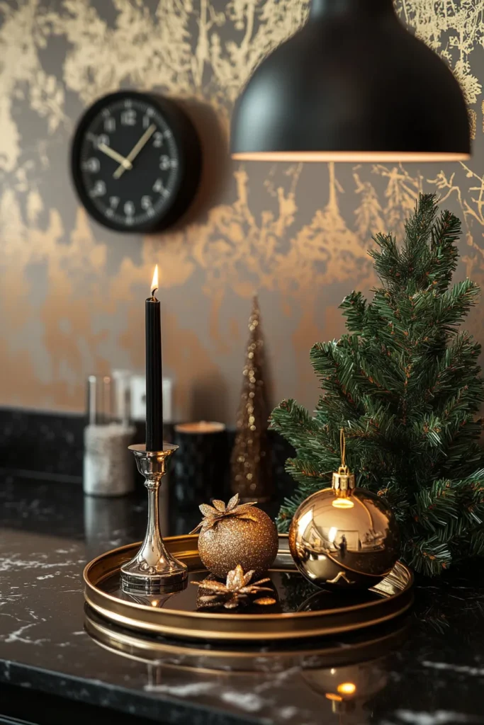 Luxurious kitchen countertop with black, gold, and silver Christmas decor