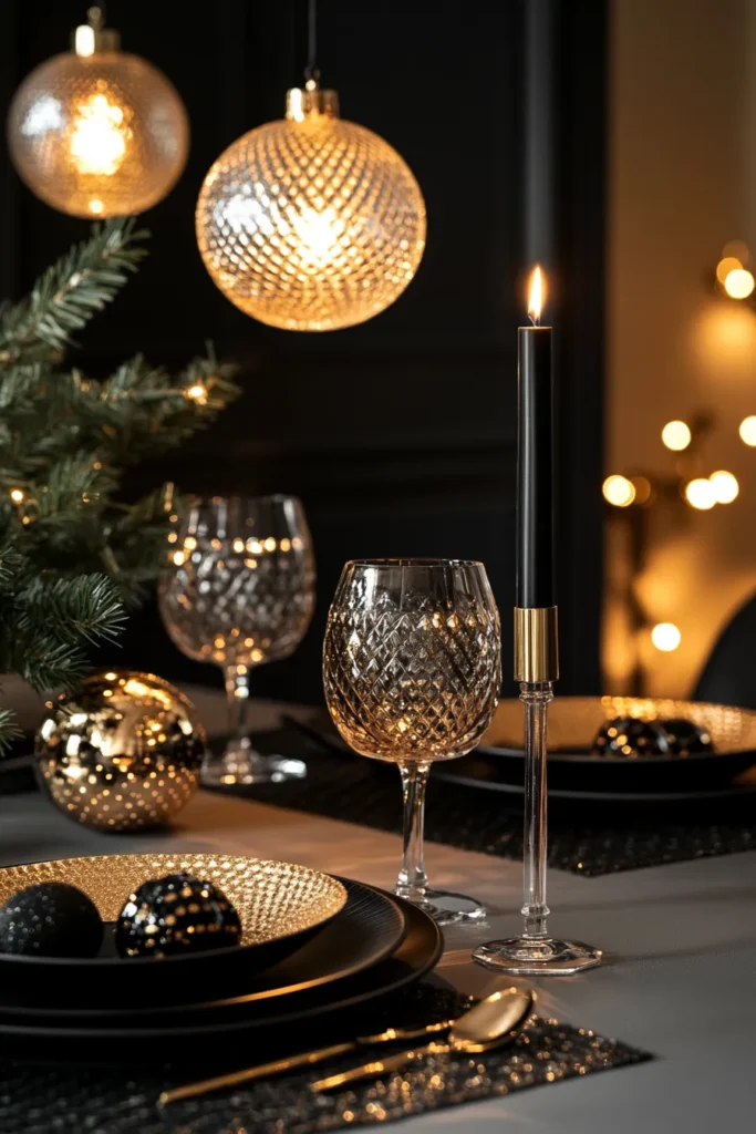Sophisticated table setting with black and gold Christmas table decor