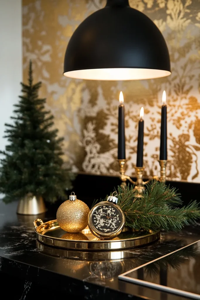 Sophisticated emerald green, black, and gold Christmas decor vignette on marble countertop