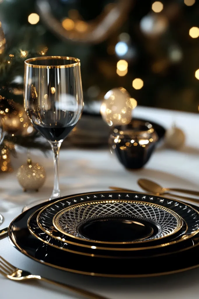 Elegant dining table with black and gold Christmas table decor