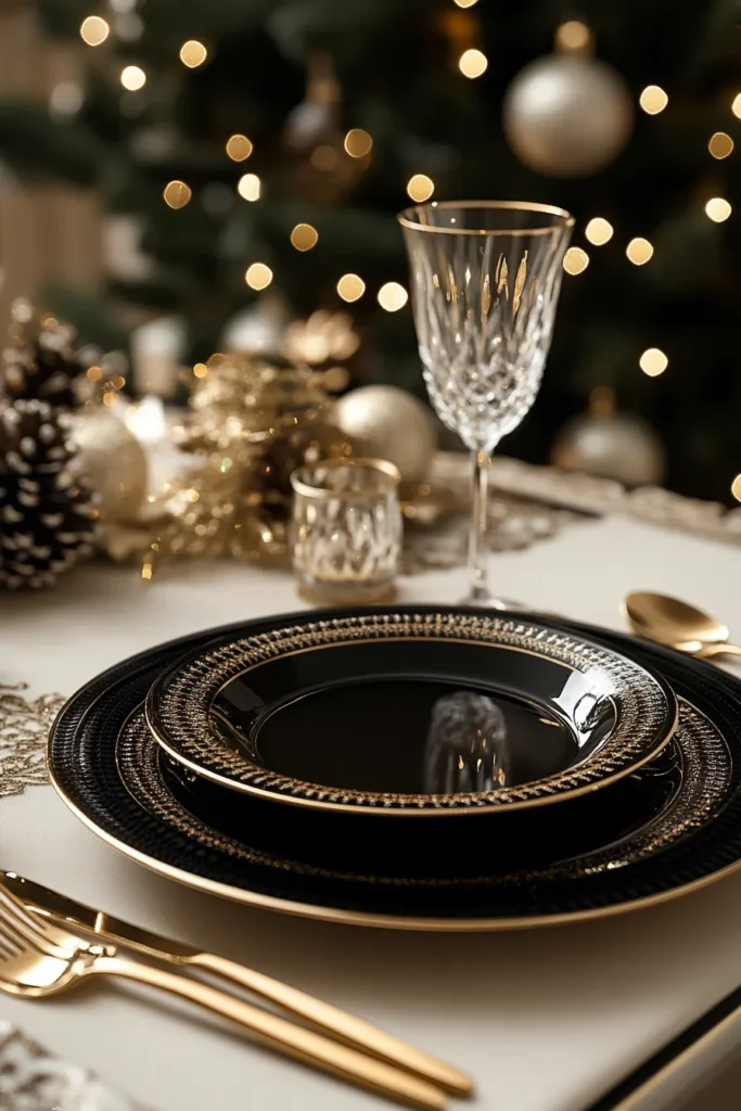 Festive tablescape with black and gold Christmas party decor