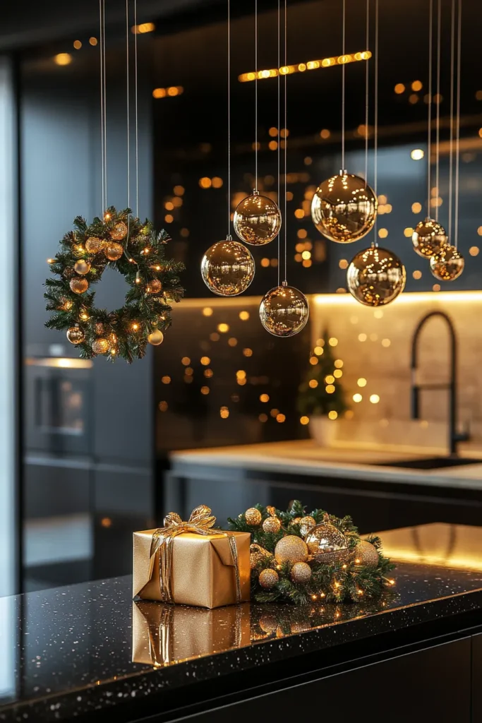 Pendant light adorned with miniature wreath and ornaments in black and gold