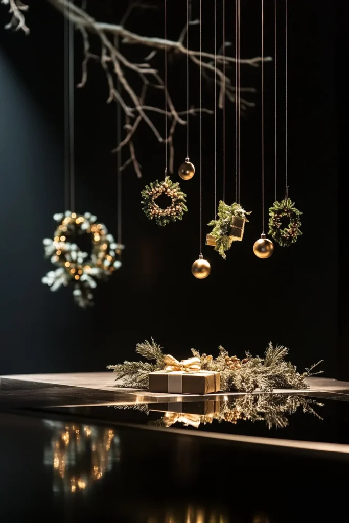 Warm glowing pendant light with floating black and gold decorations