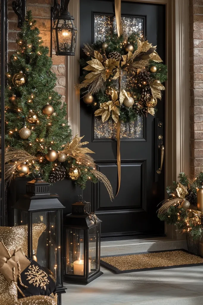 Sophisticated entryway with black and gold Christmas table decor
