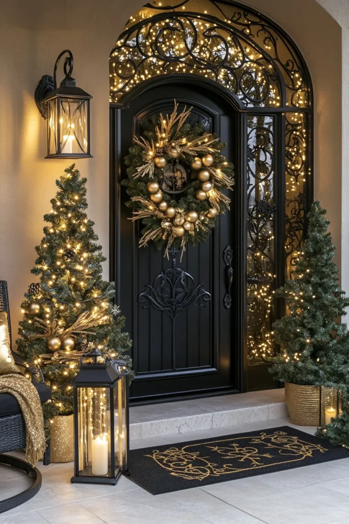 Elegant outdoor scene with black and gold Christmas decor and emerald green accents