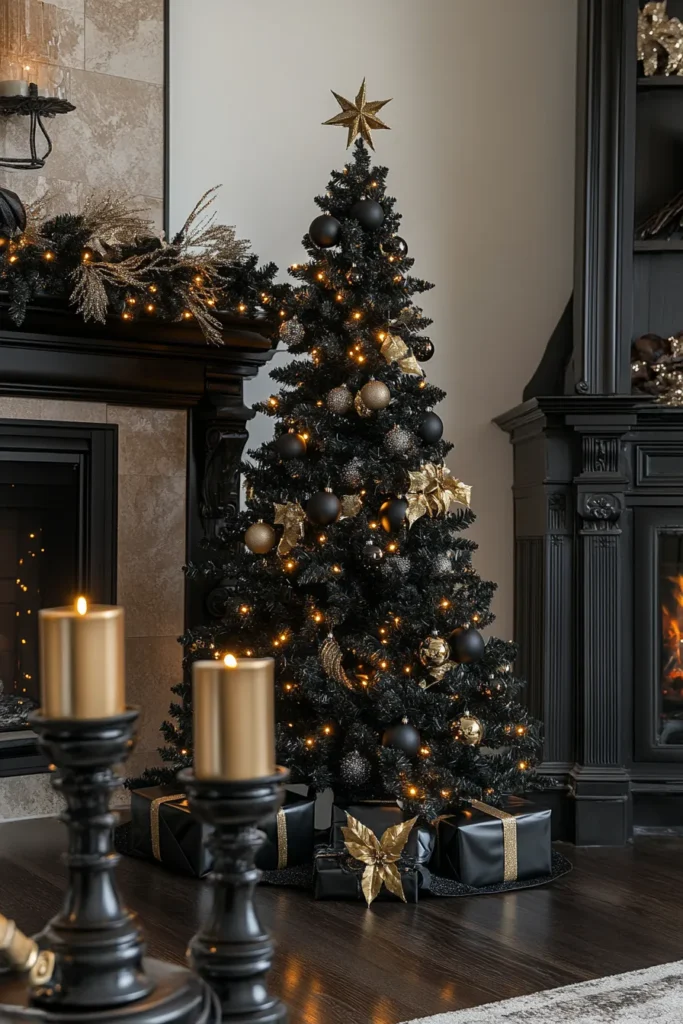 Cozy living room with black and gold Christmas table decor and accents