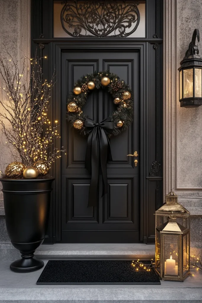 Elegant entryway with black, gold, and silver Christmas decor