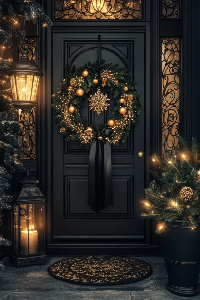 Sophisticated entry with black, gold, and silver Christmas decor and party ideas