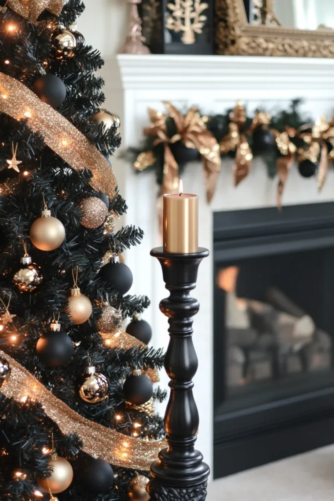 Sophisticated black and gold Christmas party decor with illuminated tree