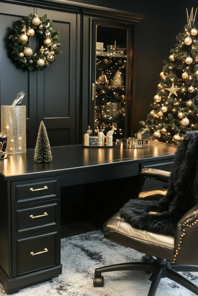 Elegant office with black and gold Christmas party decor