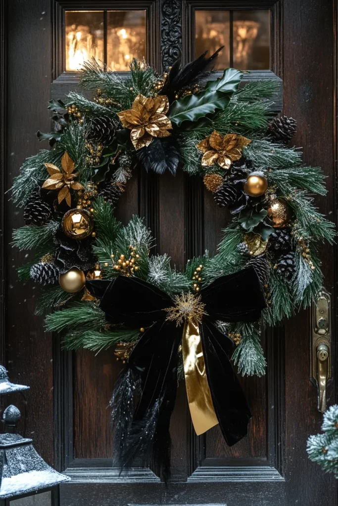 Coastal-inspired entrance with black, gold, and silver Christmas decor