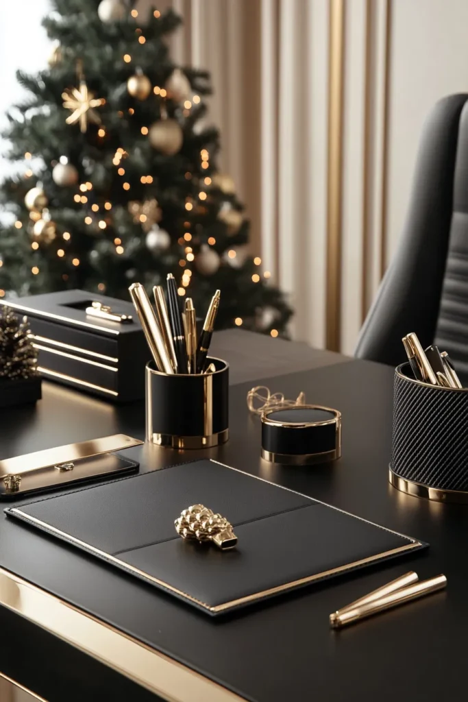 Elegant office desk with black and gold Christmas party decor accessories