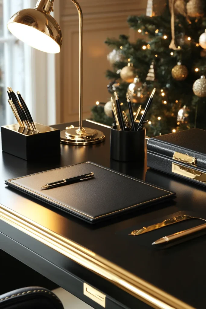Stylish desk setup with black and gold Christmas table decor