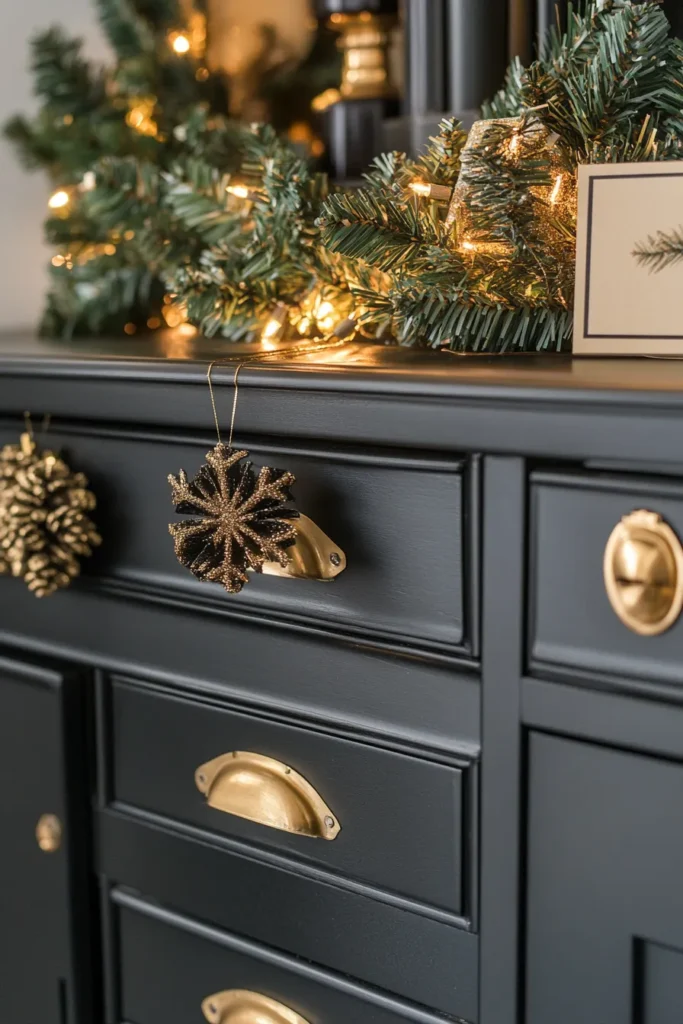 Professional office with black gold and silver Christmas decor on filing cabinet