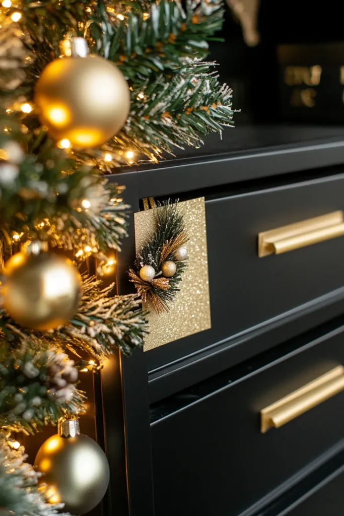 Filing cabinet with black and gold Christmas party decor