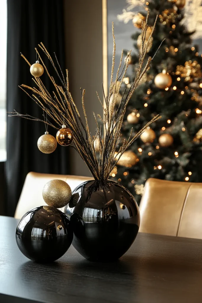 Corporate space with black gold and silver Christmas decor