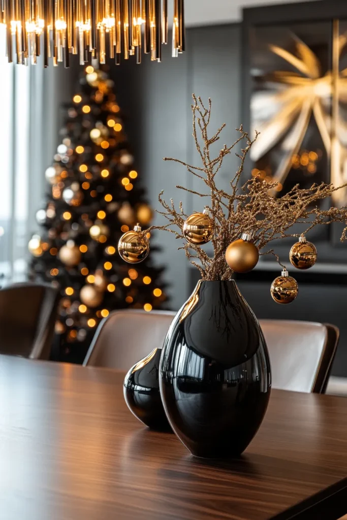 Modern conference room with black and gold Christmas party decor
