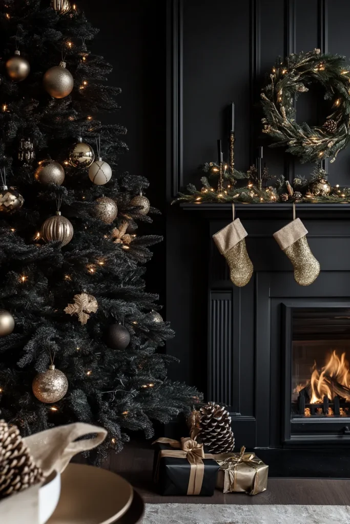 Coastal inspired Christmas setting with black and gold pine cone ornaments