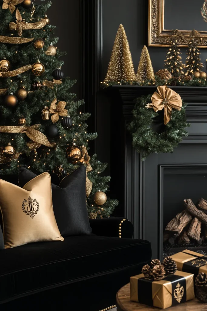 Elegant living room with black gold and silver Christmas decor featuring sparkling tree