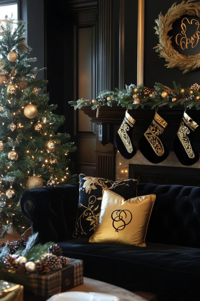 Luxurious holiday setting with emerald green, black, and gold Christmas decor